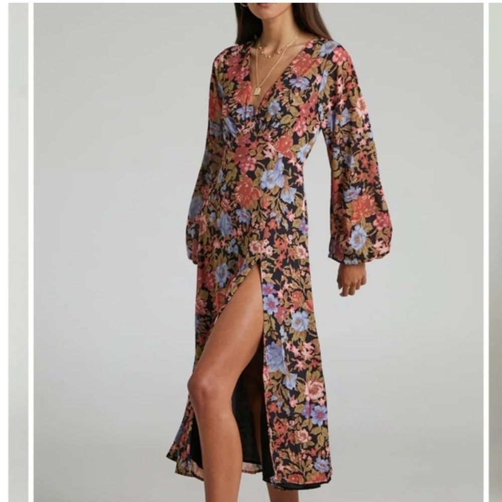 Showpo Henny Floral Midi Dress Womens 14 Black V-Neck Long Sleeve Side Slit Boho - Picture 2 of 12